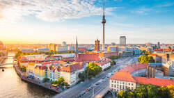 Berlin skyline with Spree river at sunset, Germany
