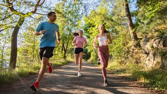 Drei schlanke Läuferinnen und Läufer beim Training in der Natur