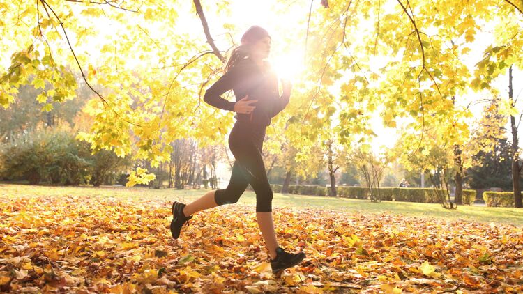 Laufen im Herbst - Das Quiz; eine Läuferin trainiert in einem Park mit herbstlich gefärbten Bäumen.