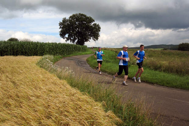 Vogelsberger Südbahnlauf: Auf der Halbmarathon/ 10 km Strecke 2 Kilometer vor dem Ziel mit Weitblick über das Tal