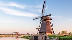 Windmills, Sunrise at Kinderdijk, Netherlands, Europe