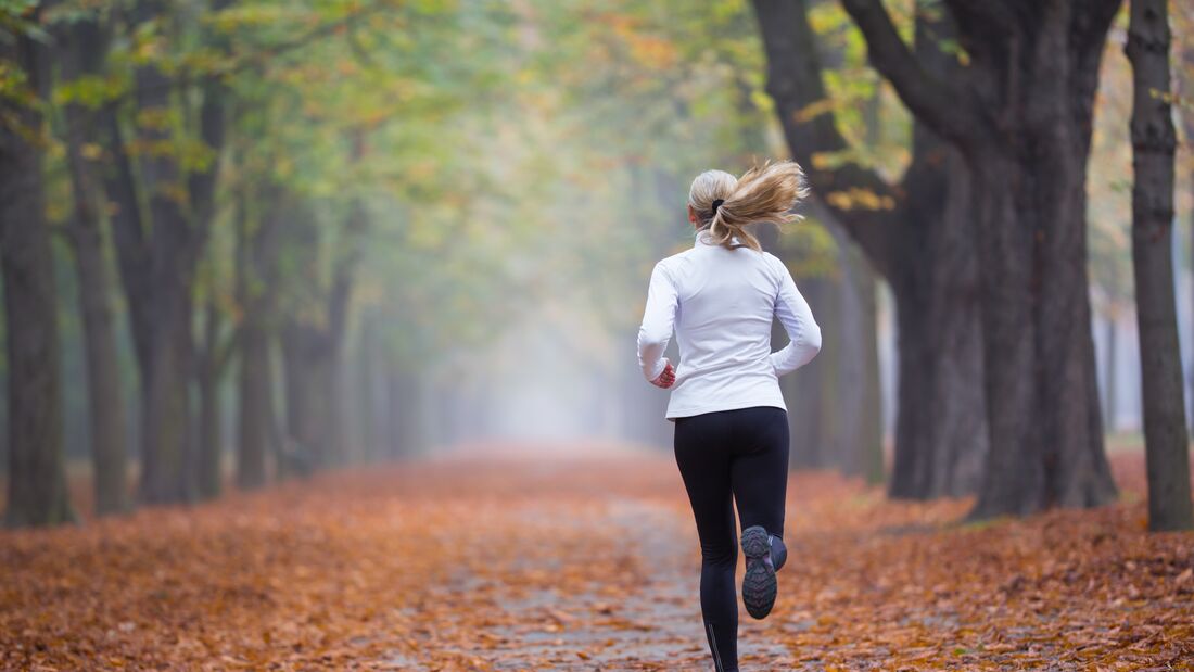 Women in Sport - rear view woman jogging alone in autumn